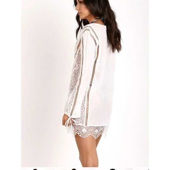 For Love & Lemons White Crochet Lace Boho Mini Dress Coverup XS Long Sleeve